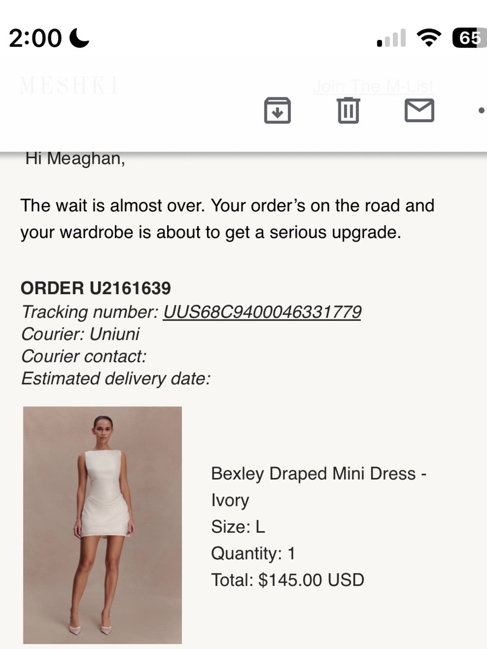 Meshki Ivory Bexley Draped Mini Dress
